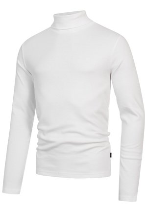 Hvid turtleneck langærmet skjorte lavet af blødt, glat stof. Har et tætsiddende design og en høj, stram krave. Minimalistisk stil.
