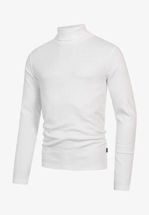 Witte coltrui met lange mouwen, gemaakt van zachte, gladde stof. Heeft een getailleerd ontwerp en een hoge, strakke kraag. Minimalistische stijl.