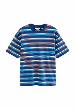 Korte mouwen t-shirt in blauw met horizontale strepen in lichtblauw, oranje en crème. Heeft een ronde hals en een ontspannen pasvorm.