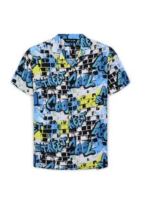 Camicia a maniche corte con stampa multicolore in graffiti che presenta nero, blu, giallo e bianco, con colletto e vestibilità rilassata.