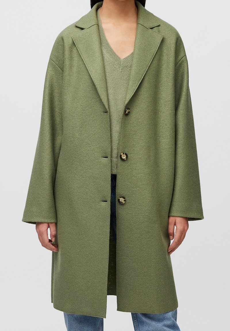 Personne portant un manteau long et ample vert olive à trois boutons par-dessus un pull à col en V assorti et un jean bleu.