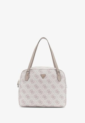 Sac à main à motifs beige avec des poignées en cuir lisse, forme carrée, fermeture éclair et logo accentué à l'avant. Dimensions adaptées à un usage quotidien.