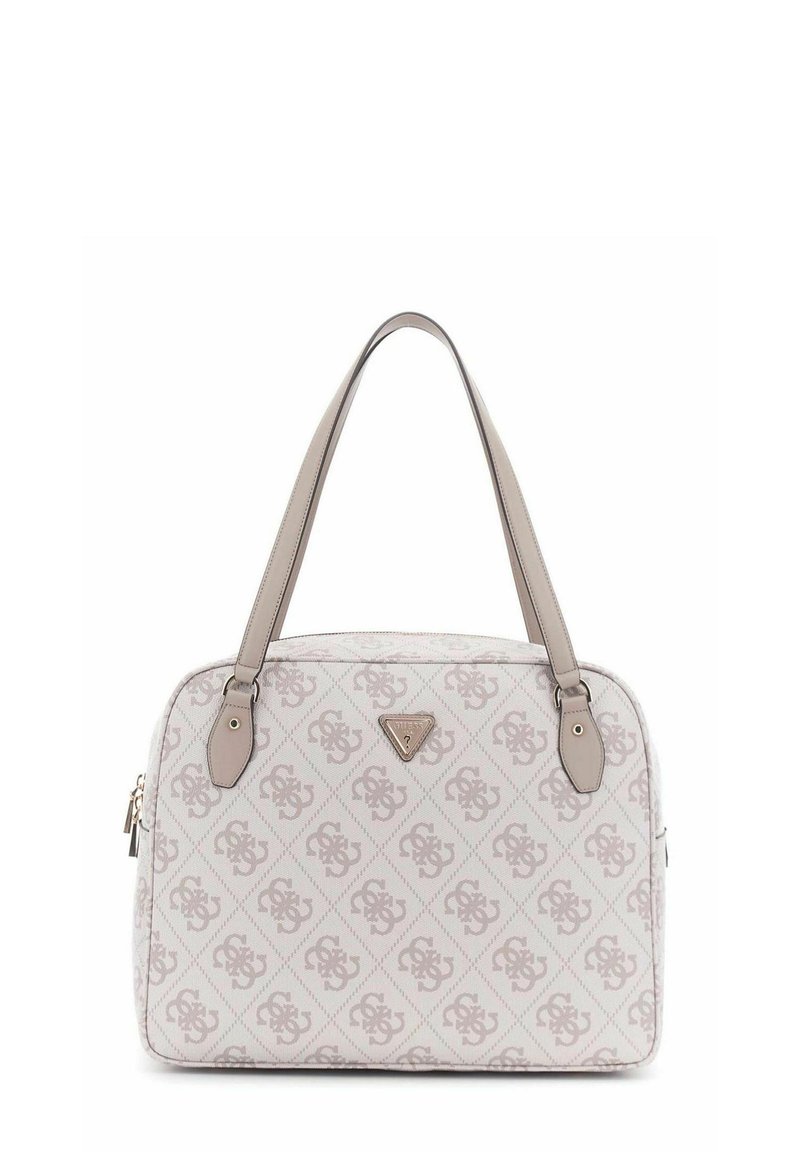Sac à main à motifs beige avec des poignées en cuir lisse, forme carrée, fermeture éclair et logo accentué à l'avant. Dimensions adaptées à un usage quotidien.