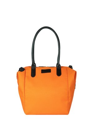 Orangene Tragetasche mit schwarzen Griffen und Reißverschluss, aus strukturiertem Stoff, rechteckige, strukturierte Form, keine sichtbaren Logos oder Muster.