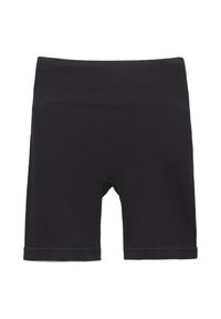 Czarne szorty z wysokim stanem wykonane z elastycznej tkaniny, charakteryzujące się bezszwowym designem, gładką teksturą oraz wykończonym mankietem w okolicy nogawek.