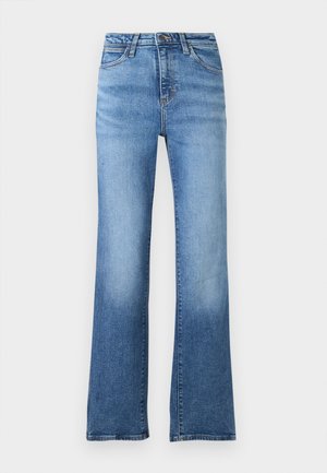 Uitlopende blauwe spijkerbroeken van denim met een gemiddelde wassing, voorzien van vijf zakken, riemlussen en een knoopsluiting.