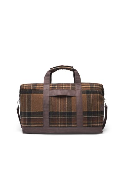 Sac de voyage à carreaux marron avec des accents en cuir. Comprend des poignées doubles, une bandoulière réglable et un matériau texturé semblable à la laine.