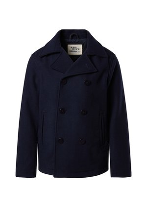 Abrigo peacoat de lana azul marino con cierre de botones dobles, solapas con muescas, bolsillos laterales y dobladillo plano.