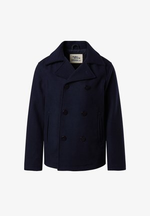 Abrigo peacoat de lana azul marino con cierre de botones dobles, solapas con muescas, bolsillos laterales y dobladillo plano.