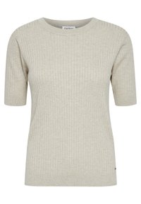 Maglione corto a maniche corte beige chiaro, texture rigata, scollatura rotonda e orlo dritto, con un piccolo logo vicino al fondo.