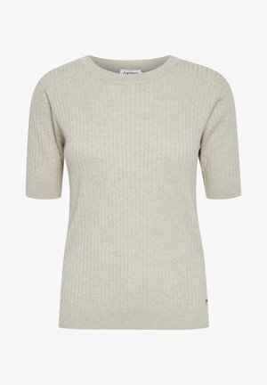 Lys beige kortermet genser, ribbestruktur, rund halslinning og rett kutt nederst, med en liten logo aksent nær bunnen.