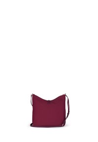 Borsa a spalla in morbido tessuto color bordeaux con parte superiore curva, tracolla regolabile e patta frontale. Caratterizzata da una superficie liscia e un design minimalista.