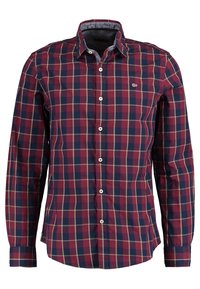 Langärmliges Hemd mit Knöpfen aus kariertem Stoff in Rot, Marineblau und Grün. Mit klassischem Kragen und kleinem Logo auf der Brust.