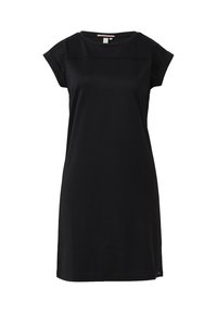 Schwarzes Kleid aus glattem Stoff, mit Rundhalsausschnitt, kurzen Ärmeln und lockerer Passform. Einfaches Design ohne sichtbare Muster.