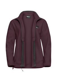 Bordeaux fleece jack met een hoge kraag, volledige rits en contrasterende zwarte afwerking. Zachte textuur met twee voorzakken.