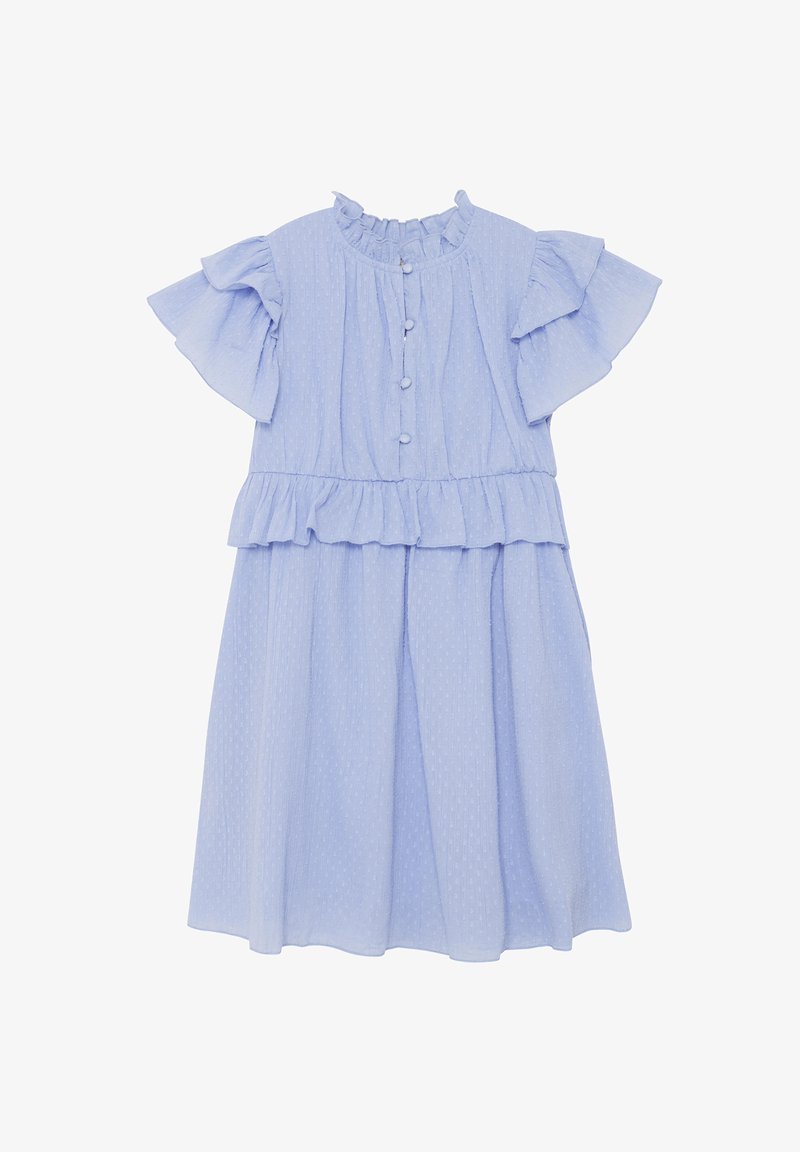 Jasnoniebieska sukienka z teksturowanej tkaniny, z marszczonym dekoltem, krótkimi falbanianymi rękawami oraz wielowarstwowym dołem zapinanym na guziki.