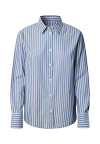 Camicia azzurra chiara con bottoni, caratterizzata da strisce bianche verticali, maniche lunghe con polsini a strisce e colletto a punta. Materiale in cotone, vestibilità rilassata.