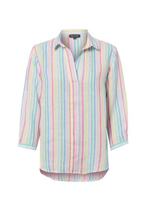 Langärmelige, blusenhafte Oberteil mit Kragen, vertikalen pastellfarbenen Streifen in Rosa, Blau, Gelb und Grün sowie einem V-Ausschnitt.