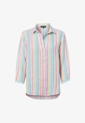 Long-sleeve, collared blouse with vertical pastel stripes in pink, blue, yellow, and green, and a V-neck opening.