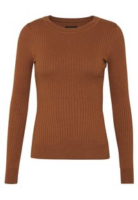 Pull marron à manches longues côtelé avec un col rond. Présente une coupe ajustée et une texture douce, adapté à un style polyvalent.