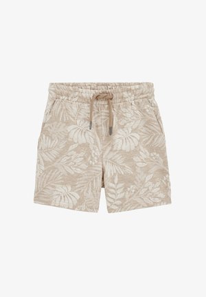 Bež kratke hlače z teksturirano tkanino, ki ima bel vzorec listov. Elastični pas z vrvico za zapiranje. Dva stranska žepa.