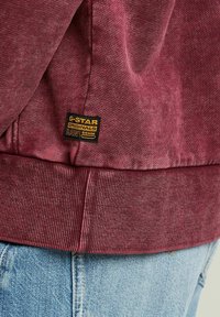 Felpa maroon con orlo e polsini a costine, con etichetta nera G-Star Originals sul lato. Texture morbida con un aspetto sbiadito.