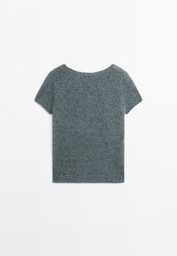 Short-sleeve gray knitted sweater with a round neckline, displayed flat against a white background.