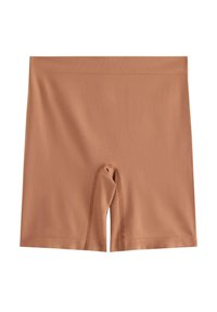 Hnědé krátké kalhoty z elastického materiálu s elastickým pasem, které mají přiléhavý střih a zesílený šev uprostřed.