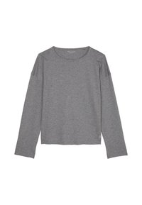 T-shirt grigio a maniche lunghe in cotone leggero con scollatura rotonda e maniche scese. Presenta un orlo dritto con un piccolo logo.