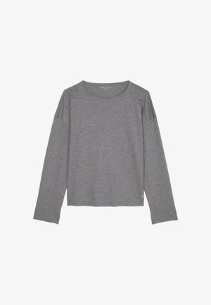 Graues Langarm-T-Shirt aus leichtem Baumwollmaterial mit rundem Halsausschnitt und abfallenden Schulternähten. Verfügt über einen geraden Saum mit einem kleinen Logo.