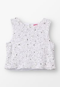 Witte mouwloze crop top bedekt met pailletten, met een ronde halslijn en een sleuteltje-hals sluiting met stofvoering.