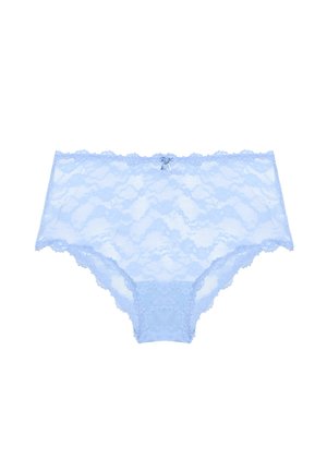 Lichtblauwe kanten dameshipsterpanty's met bloemmotieven en een klein strikje aan het midden van de tailleband.