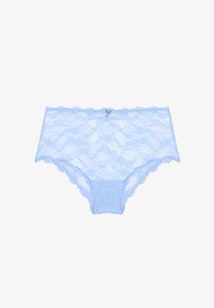 Hellblaue Spitzen-Hipsterpanties für Damen mit Blumenmustern und einer kleinen Schleife in der Mitte des Taillenbunds.