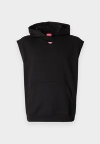 Melna bezpiedurkņu hoody, izgatavots no mīkstas kokvilnas, ar priekšējo kabatu, ar mazu sarkanu logotipu uz krūšu un odere kapuci.