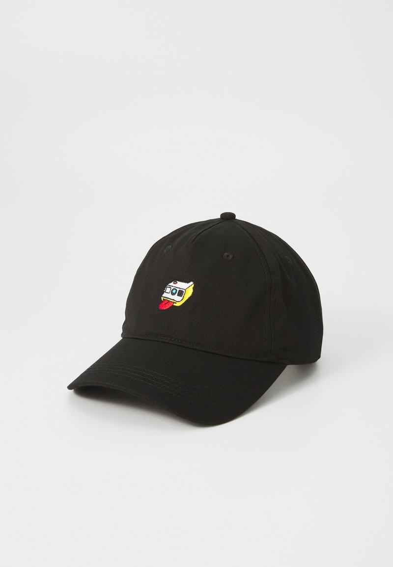 Black cotton baseball cap with a curved brim. Features a colorful embroidered design of a cartoonish face with a tongue sticking out.