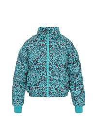 Jachetă căptușită cu o bază turcoaz și imprimeu de leopard în nuanțe de negru, roz și roșu. Prezintă un guler înalt și manșete ribbelate, închidere cu fermoar.