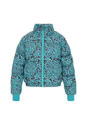 Padded jakna s tirkiznom podlogom i leopard uzorkom u crnoj, ružičastoj i crvenoj boji. Ima visoki ovratnik i rebraste manšete, zatvaranje na zip.