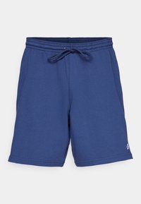 Bermudas deportivas de color azul marino, fabricadas con un tejido suave. Tienen una cintura elástica con cordón ajustable y un pequeño logotipo en el dobladillo inferior.