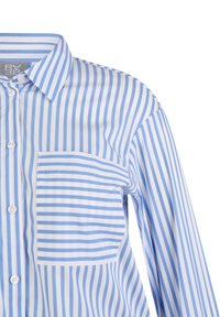 Blue and white striped shirt with a button-down collar, long sleeves, and a chest pocket. Smooth cotton fabric with horizontal and vertical stripes.