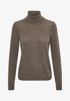 Brązowy sweter z wysokim kołnierzem wykonany z miękkiej dzianiny. Posiada długie rękawy, dopasowany fason oraz subtelną teksturę z małą metką marki na brzegu.