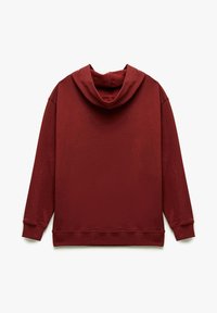 Bordowy hoodie z długimi rękawami, ściągaczami w mankietach i u dołu. Miękka tkanina o gładkiej fakturze, z podszewką w kapturze.