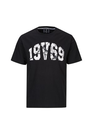 Zwarte T-shirt met korte mouwen met witte gebarsten tekst "19V69" over de borst, ronde halslijn en reguliere pasvorm.