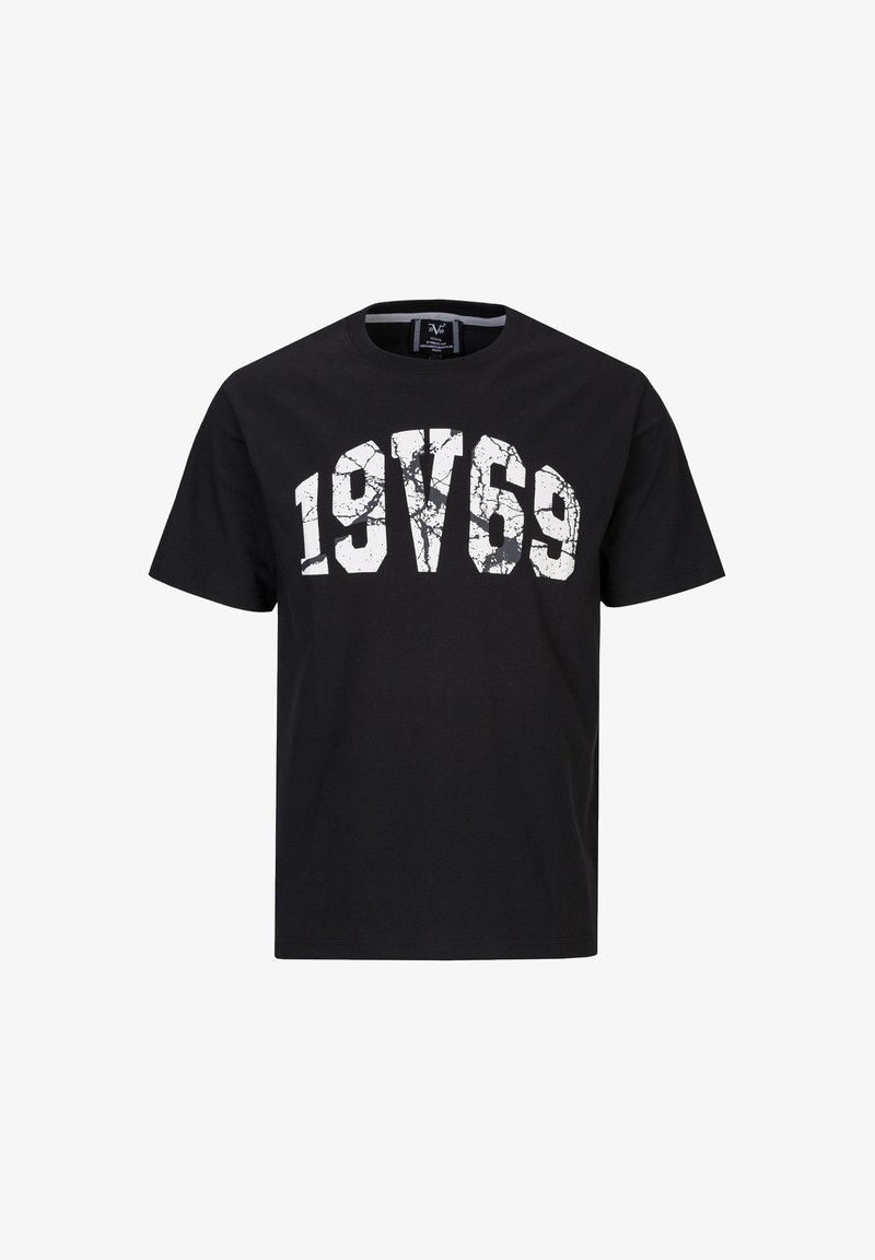 Schwarzes T-Shirt mit kurzen Ärmeln und weißem, rissigem Text "19V69" über der Brust, Rundhalsausschnitt und normaler Passform.