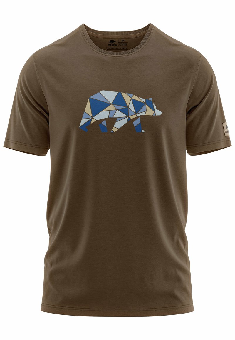 Braunes Kurzarm-T-Shirt mit grafischem Design eines geometrischen Bären in Blau- und Beigetönen, hergestellt aus weichem, atmungsaktivem Stoff.