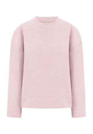 Jasnoróżowa, długorękawowa bluza z okrągłym dekoltem, o luźnym kroju, bez widocznych logo i wzorów.