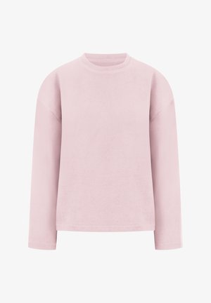 Jasnoróżowa, długorękawowa bluza z okrągłym dekoltem, o luźnym kroju, bez widocznych logo i wzorów.