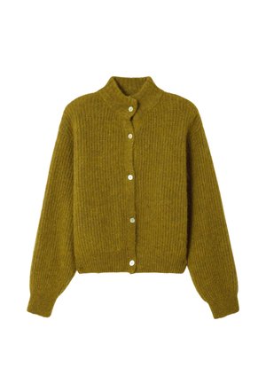 Sinepes dzeltenas ribota kardigāna ar augstu apkakli, piecu pogu aizdari un garām piedurknēm. Iezīmējas ar mīkstu tekstūru un brīvu piegriezumu.