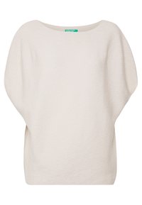 Ljusbeige oversized tröja gjord av strukturerat tyg; har en bred båt-ringning och trekvartslånga ärmar, med en avslappnad passform.