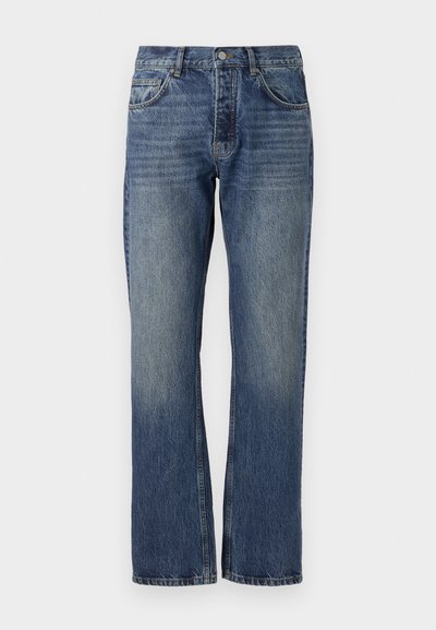 Blue denim jeans with a straight leg design, featuring a faded finish, five-pocket styling, and metal hardware at the waist.