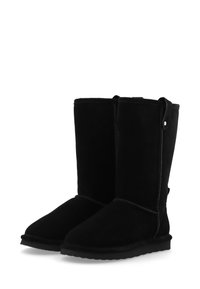 Black suede mid-calf boots with a rounded toe, minimal stitching, and a side button detail. Soft texture and durable rubber sole.